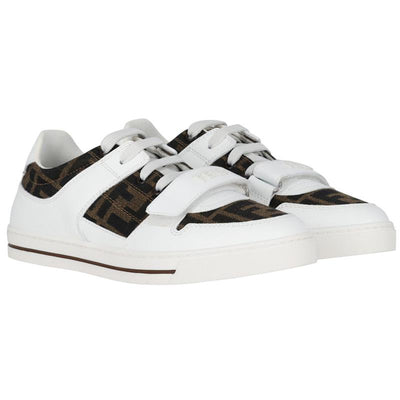 White and brown Fendi Baby lace-up Velcro sneakers with FF logo detailing, designed for children.