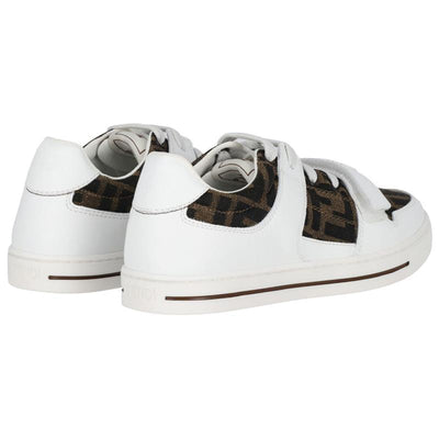 Lace Up Velcro Fendi Baby sneakers featuring white leather and brown FF logo detailing on the sides.