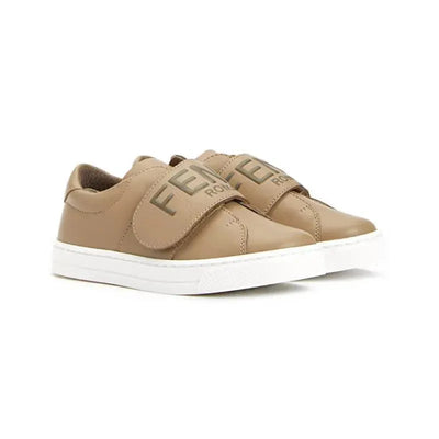 Fendi Baby leather logo trainers in tan with velcro strap and white sole, designed for juniors.