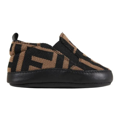 Neutral Ff Allover Slip On Crib Shoe by Fendi Baby featuring a knitted design in tan and black with a soft sole.