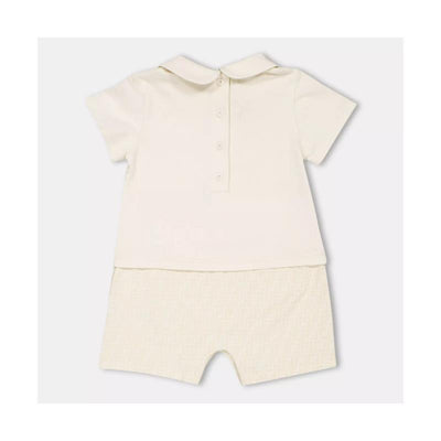 Short sleeve beige romper from Fendi Baby with a collar, button front, and patterned shorts, designed for infants.