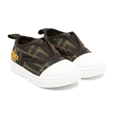 Tobacco jacquard junior sneakers by Fendi for babies, featuring a slip-on design and white rubber toes.