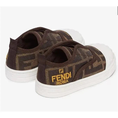 Tobacco jacquard Fendi Baby sneakers with elastic band and white rubber outsole for first steps.
