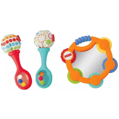 Three-piece Fisher Price musical toy set featuring colorful maracas with beads and a tambourine with a mirror and vibrant rings.