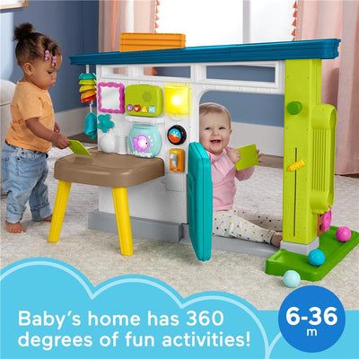 Baby Learning Toy Laugh & Learn Ultimate Playhouse features interactive elements, a toddler playing with cards, and an infant smiling inside.