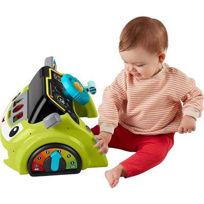 Baby using the Fisher Price Laugh & Learn Sit & Steer Driver Car Activity Center, exploring buttons and steering wheel.