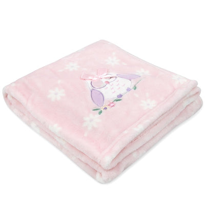 Soft pink blanket with an embroidered owl, featuring flowers and a bow, perfect for infants or toddlers.