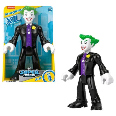 Fisher Price Imaginext DC Super Friends figure of The Joker, featuring a green-haired character in a black suit with a purple tie.