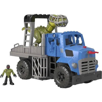 Fisher Price Imaginext Jurassic World Dominion Break Out Dino Hauler Vehicle, featuring a green dinosaur and a action figure.