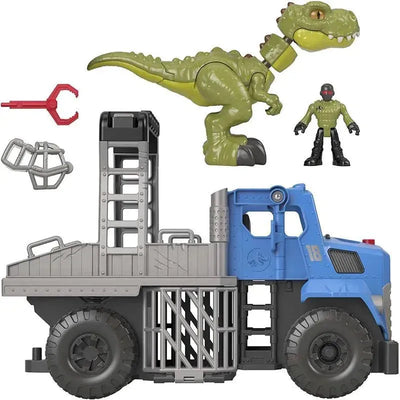 Fisher Price Imaginext Jurassic World vehicle set featuring a blue Dino hauler, a green dinosaur, a figure, and accessories.