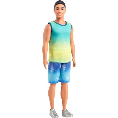 Fisher Price Ken Fashionista doll wearing an ombre tank top and denim shorts with distressed details, standing with a friendly smile.