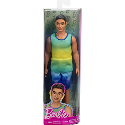 Fisher Price Ken Fashionista doll wearing an ombre tank top and shorts, packaged in a clear plastic box.