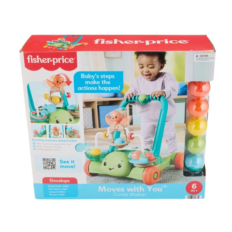 Fisher Price Kinetic Walker in a colorful box featuring a joyful child using the walker with interactive elements and toys.
