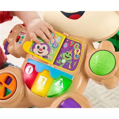 Colorful Fisher Price Laugh & Learn Puppy Walker with interactive buttons, featuring a child’s hand engaging with the activity panel.