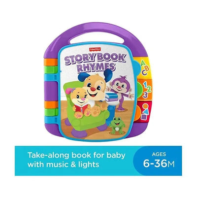 Interactive Fisher Price Laugh & Learn Storybook Rhymes toy featuring colorful characters, buttons, and music for babies aged 6-36 months.