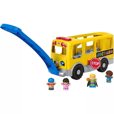 Yellow Fisher Price Little People bus toy with a blue handle, featuring four character figures and a stop sign.