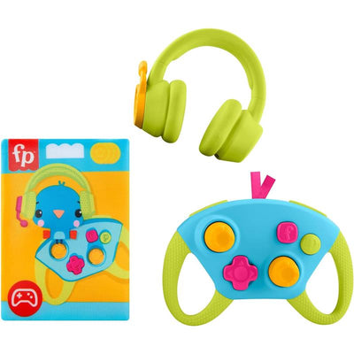 Fisher Price Newborn Toys Level-Up Little Gamer Gift Set featuring a colorful game controller, headphones, and box art with a bird character.