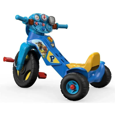 Fisher Price Nickelodeon Paw Patrol Lights & Sounds Trike with blue frame, yellow seat, and character graphics from Paw Patrol.