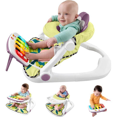 Portable Baby Chair with piano toy, featuring a seated baby enjoying colorful buttons and playful design.