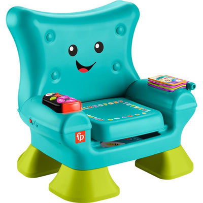 Fisher Price toddler learning chair in teal with a smiling face, buttons, and colorful activity books.