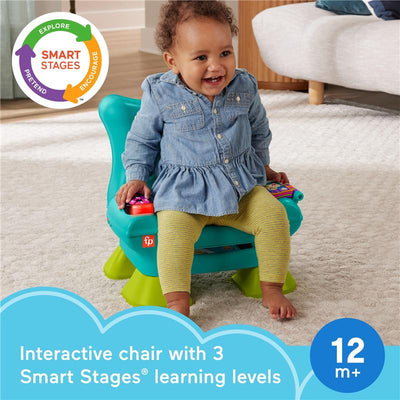 Interactive Fisher Price toddler chair, featuring buttons for music and lights, suitable for children 12 months and up.