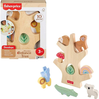 Wooden balance tree stacking toy with colorful animal pieces, promotes dexterity and attention skills, suitable for ages 3+.