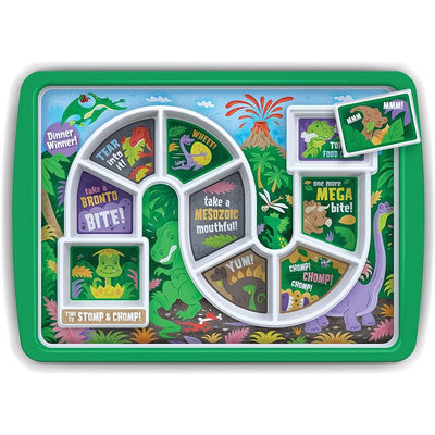 Colorful dinosaur-themed dinner plate with sections and playful phrases promoting mealtime fun.
