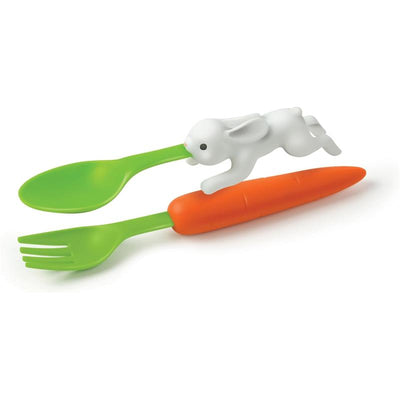 Nesting kids utensils featuring a green spoon and fork with a playful white rabbit and carrot design.