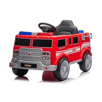 Red Freddo 1 Seater Fire Truck for children, featuring 911 and emergency symbols, and a steering wheel.