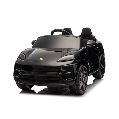 24V black Porsche Macan Turbo electric ride-on toy car for kids with sleek design and sporty features.