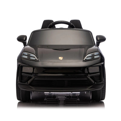24V black Porsche Macan Turbo EV ride-on car featuring detailed headlights and a sleek design, ideal for kids.