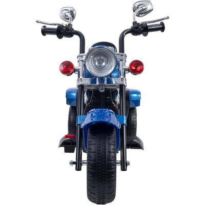 Blue Freddo Chopper Style Ride-on Trike featuring a front headlight, chrome details, and wide tires.