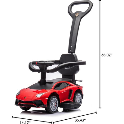 Red Lamborghini 3-in-1 ride-on toy for kids featuring music, lights, and storage, with a black handle for easy steering.