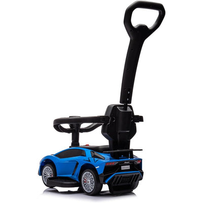 Lamborghini-themed 3-in-1 ride-on toy for kids in blue, featuring a push handle, music, lights, and storage compartment.