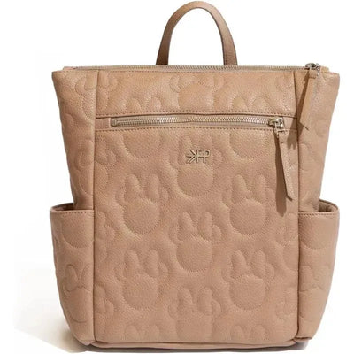 Minnie Mouse mini backpack in soft beige leather with embossed Mickey Mouse face patterns and a front zipper pocket.