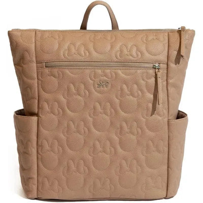 Minnie Mouse minimal backpack in a soft beige color, featuring a textured design of Mickey Mouse ears and a front zip pocket.