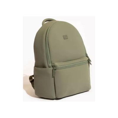 Sage green neoprene city backpack with a rounded top, front zipper pocket, and branding label.