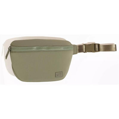 Sage green neoprene play pack with a zippered compartment and adjustable strap, designed for kids.