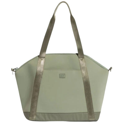 Sage green neoprene tote bag with metallic gold straps and a zippered top, ideal for daily use.