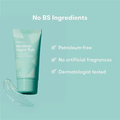 Frida Baby No-Mess Vapor Rub tube with text highlighting petroleum-free, no artificial fragrances, and dermatologist tested.