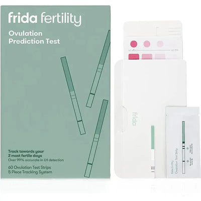 Frida Fertility ovulation prediction test kit with 60 test strips and a five-piece tracking system.