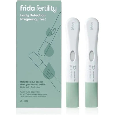 Frida Fertility Early Detection Pregnancy Test kit includes two tests, indicating results in 3 minutes, with over 99.9% accuracy.