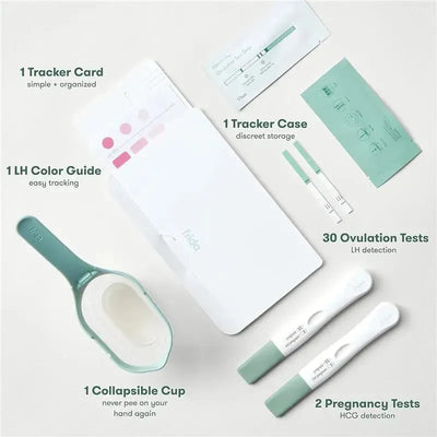 Frida Fertility Ovulation and Pregnancy Test set, including 30 LH tests, 2 HCG tests, a collapsible cup, and a tracker card.
