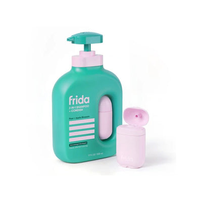 Frida for Kids 2-in-1 Shampoo & Conditioner, 17 oz bottle in teal and pink, featuring pear and apple blossom scent.