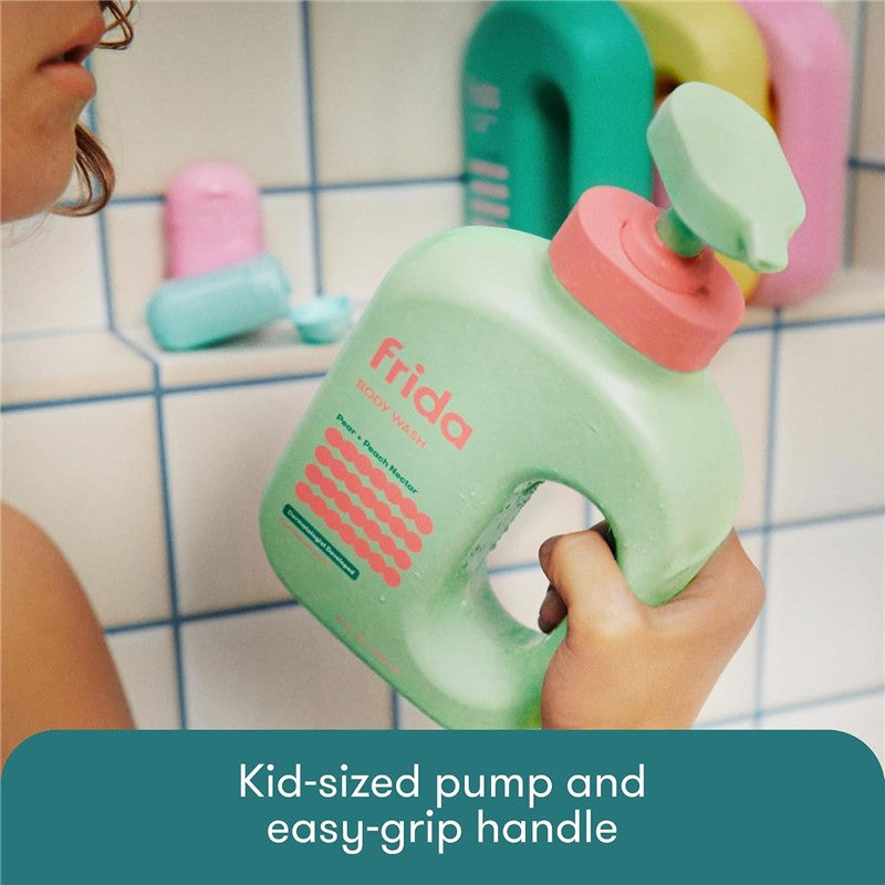 Frida for Kids Body Wash, 17 oz, featuring a kid-sized pump and easy-grip handle, showing a hand holding the bottle.