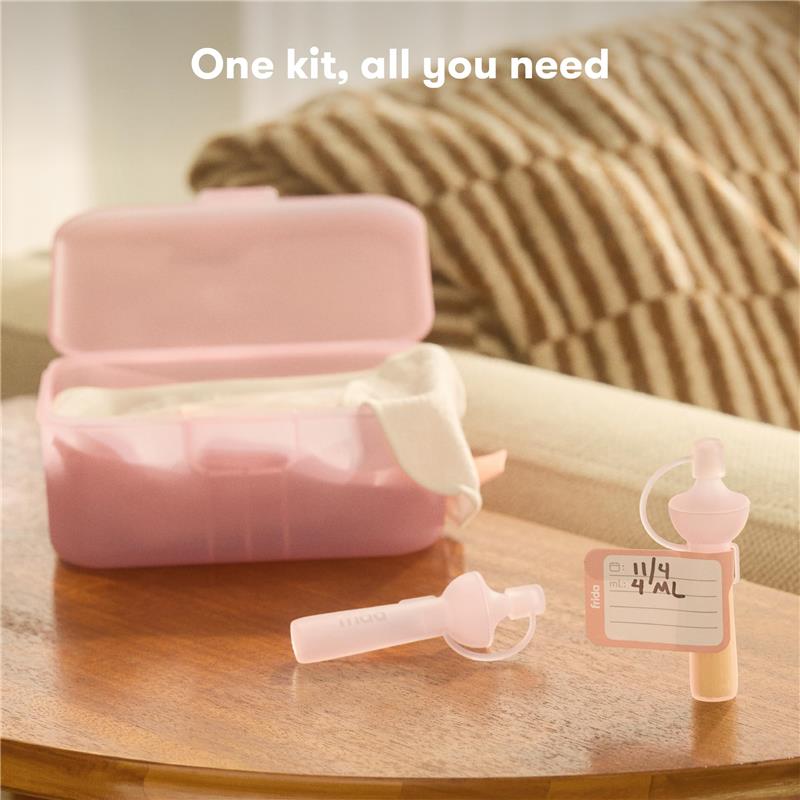 Frida Mom 15Pk Colostrum Collection Kit with a pink storage case, collection tubes, and labeled measurement tags.