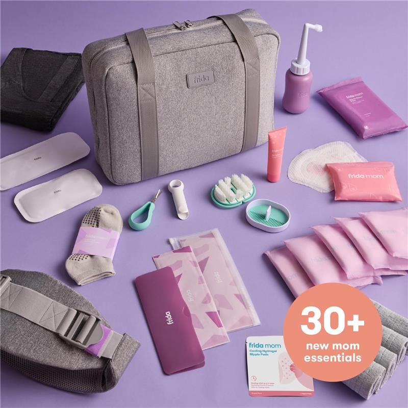Gray travel bag with 30+ essentials for new moms, including skin care, nursing pads, and hygiene items, arranged on a purple background.