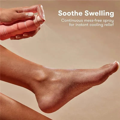 Hand holding a Frida Mom spray can, applying it to a foot, with text: “Soothe Swelling - Continuous mess-free spray for instant cooling relief.”