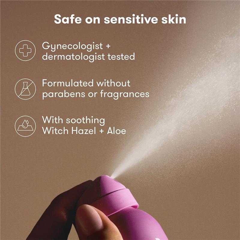 Frida Mom Anesthetic Spray bottle being sprayed, highlighting safety for sensitive skin with key benefits listed.
