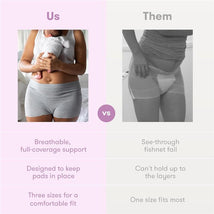 Frida Mom disposable postpartum underwear comparison showcasing full-coverage comfort versus inadequate fishnet alternatives.